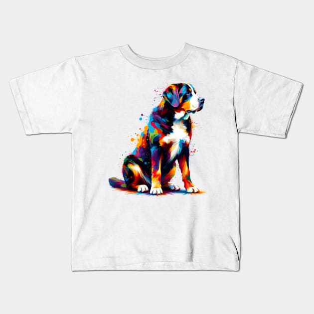 Abstract Colorful Greater Swiss Mountain Dog Splash Art Kids T-Shirt by ArtRUs